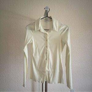 Cream Plisse Button-Up Blouse